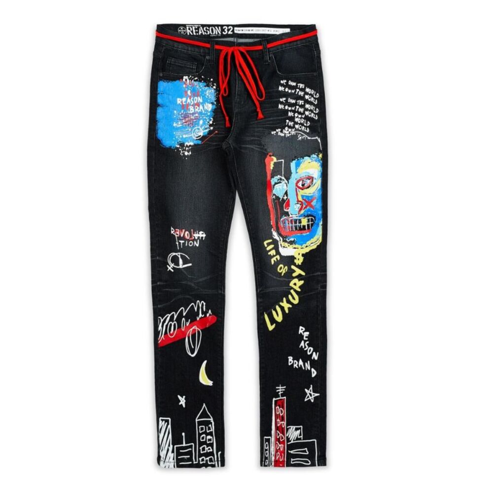Reason Life of Luxury Graphic Print Skinny Jeans Men’s 40x32 Black Stretch Denim